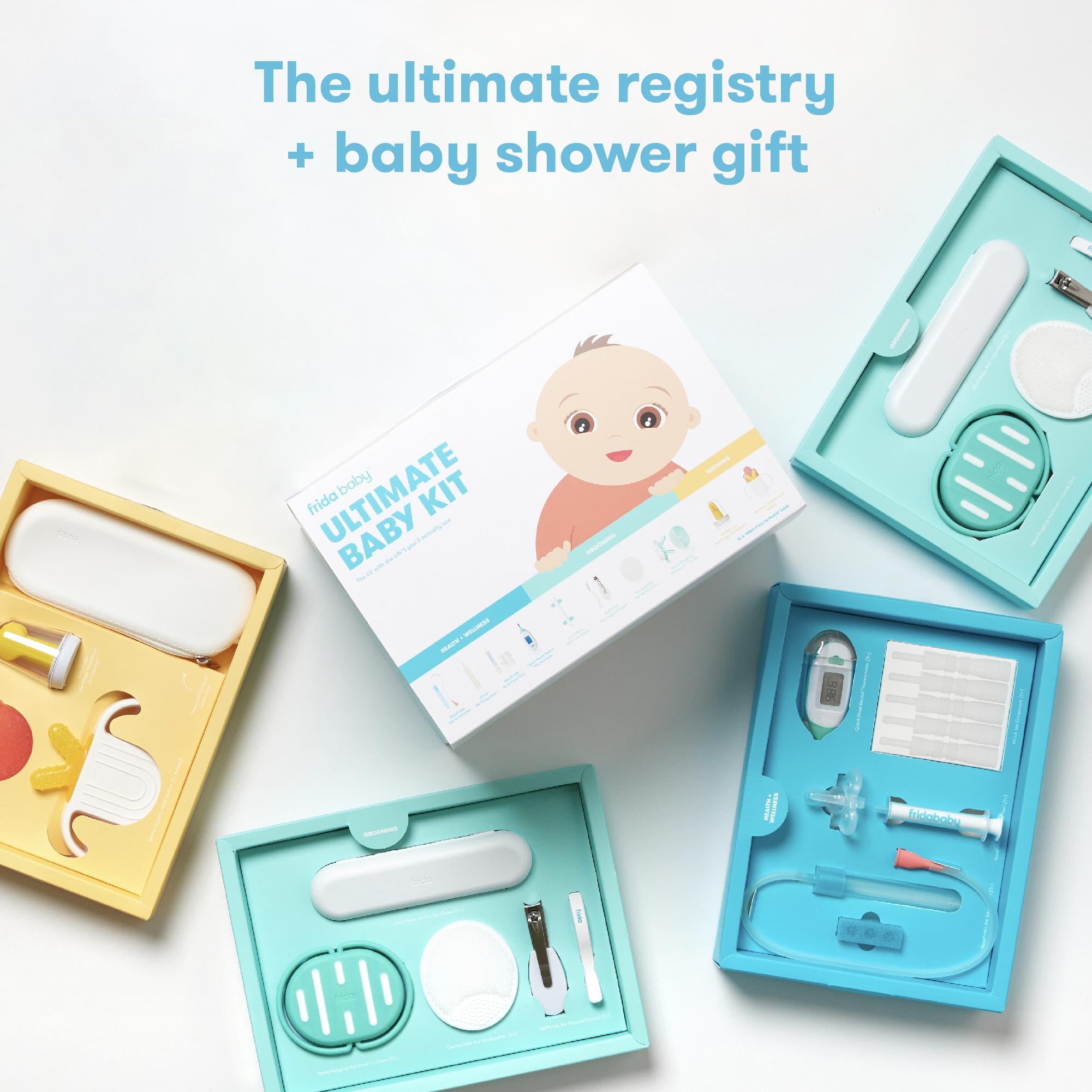 Baby grooming kit displayed with various tools, perfect for newborn care and as a baby shower gift.