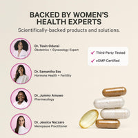 Cortisol support supplement for women backed by health experts, featuring four specialists and capsules.