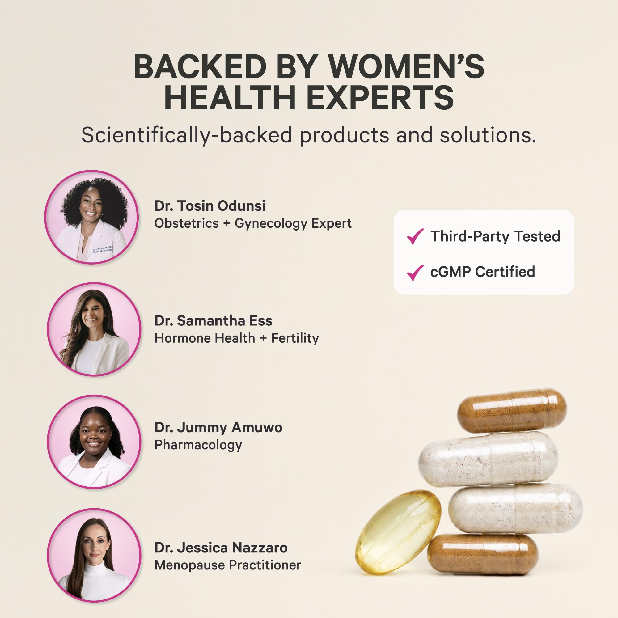 Cortisol support supplement for women backed by health experts, featuring four specialists and capsules.