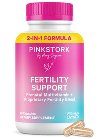 Pink Stork 2-in-1 Fertility Support prenatal vitamins to get pregnant bottle with capsules.