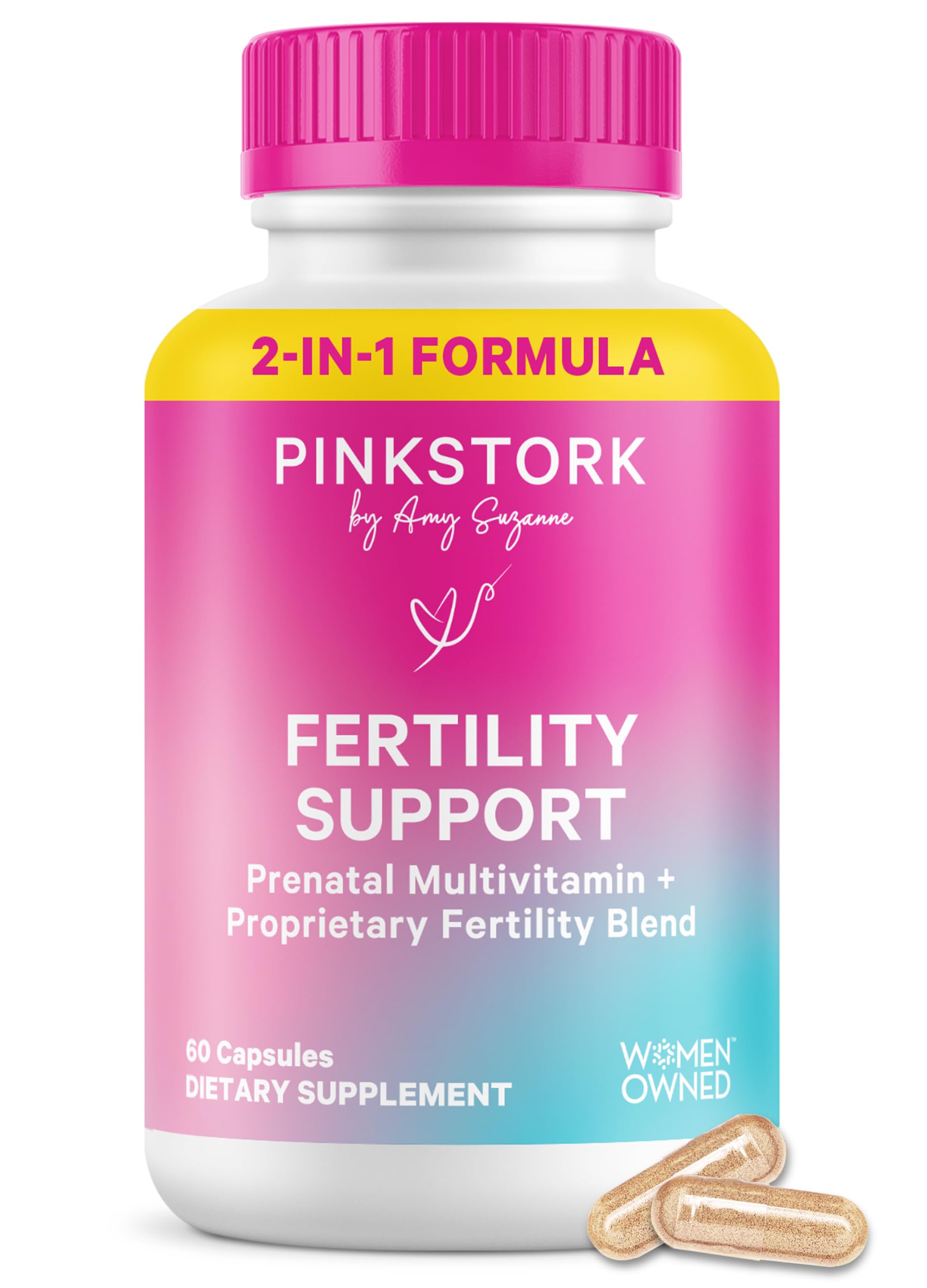 Pink Stork 2-in-1 Fertility Support prenatal vitamins to get pregnant bottle with capsules.