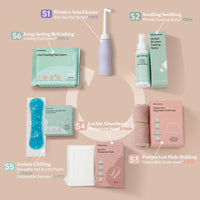 Postpartum recovery kit by Glamommy featuring essential items for comfort, hygiene, and healing after birth.