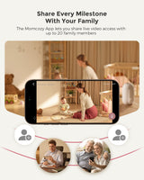 Momcozy baby monitor with camera displaying family video access, capturing milestones and connecting with loved ones.