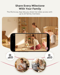 Momcozy baby monitor with camera displaying family video access, capturing milestones and connecting with loved ones.
