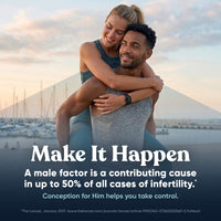 Couple embracing outdoors, with the brand's note that male factor contributes to up to 50% of infertility cases
