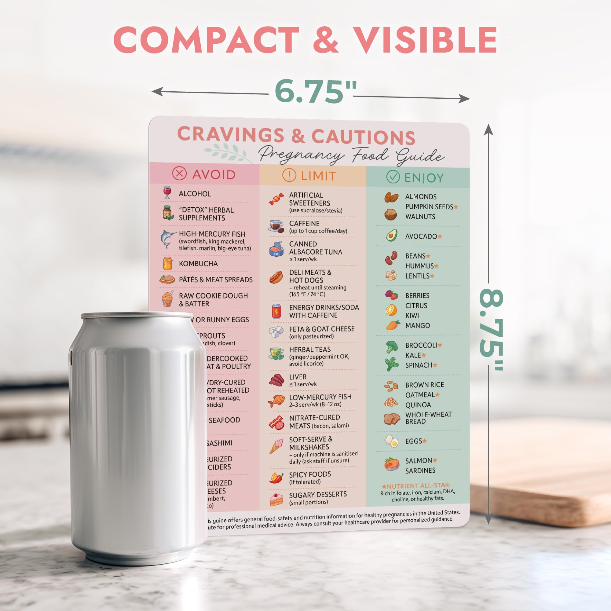 Pregnancy food guide magnet featuring foods to eat, avoid, and limit during pregnancy, clearly organized for expecting moms.