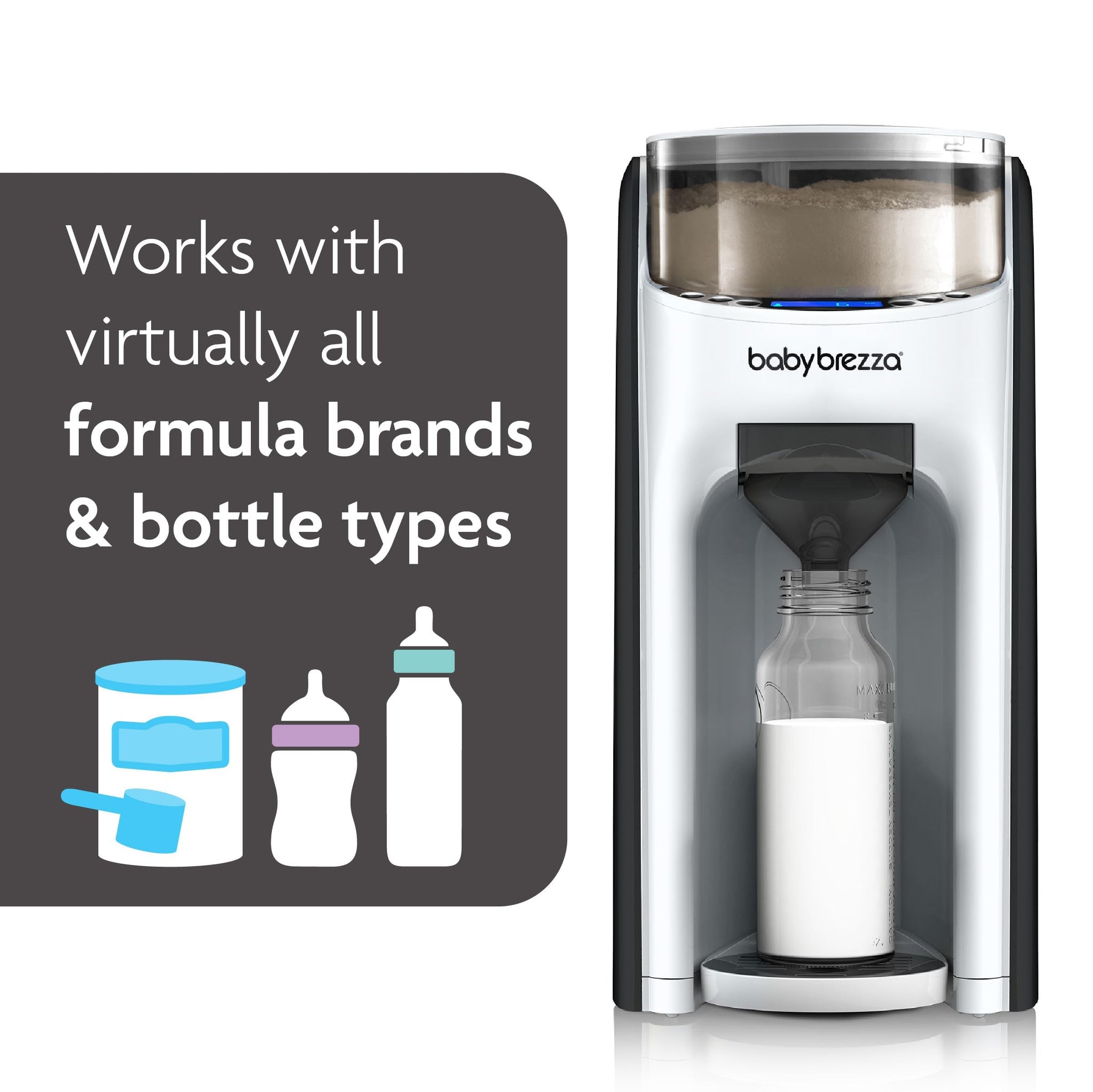 Automatic formula dispenser for newborns by Baby Brezza showing compatibility with various formula brands and bottle types.