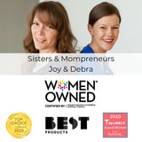 Sisters and mompreneurs Joy and Debra, certified Women Owned, showcasing awards and achievements for their business.