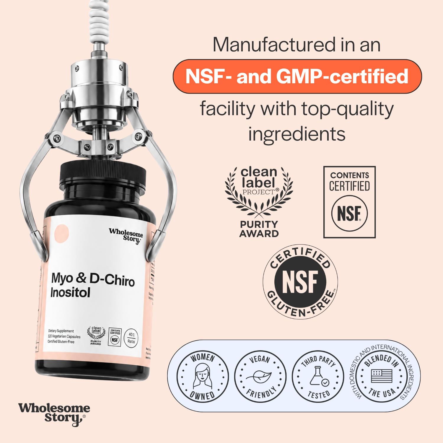 Wholesome Story inositol certifications: Clean Label Purity Award, NSF contents certified, NSF certified gluten-free