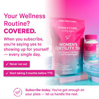 Pink Stork prenatal vitamins to get pregnant and women's fertility tea with sweet mint flavor on display.
