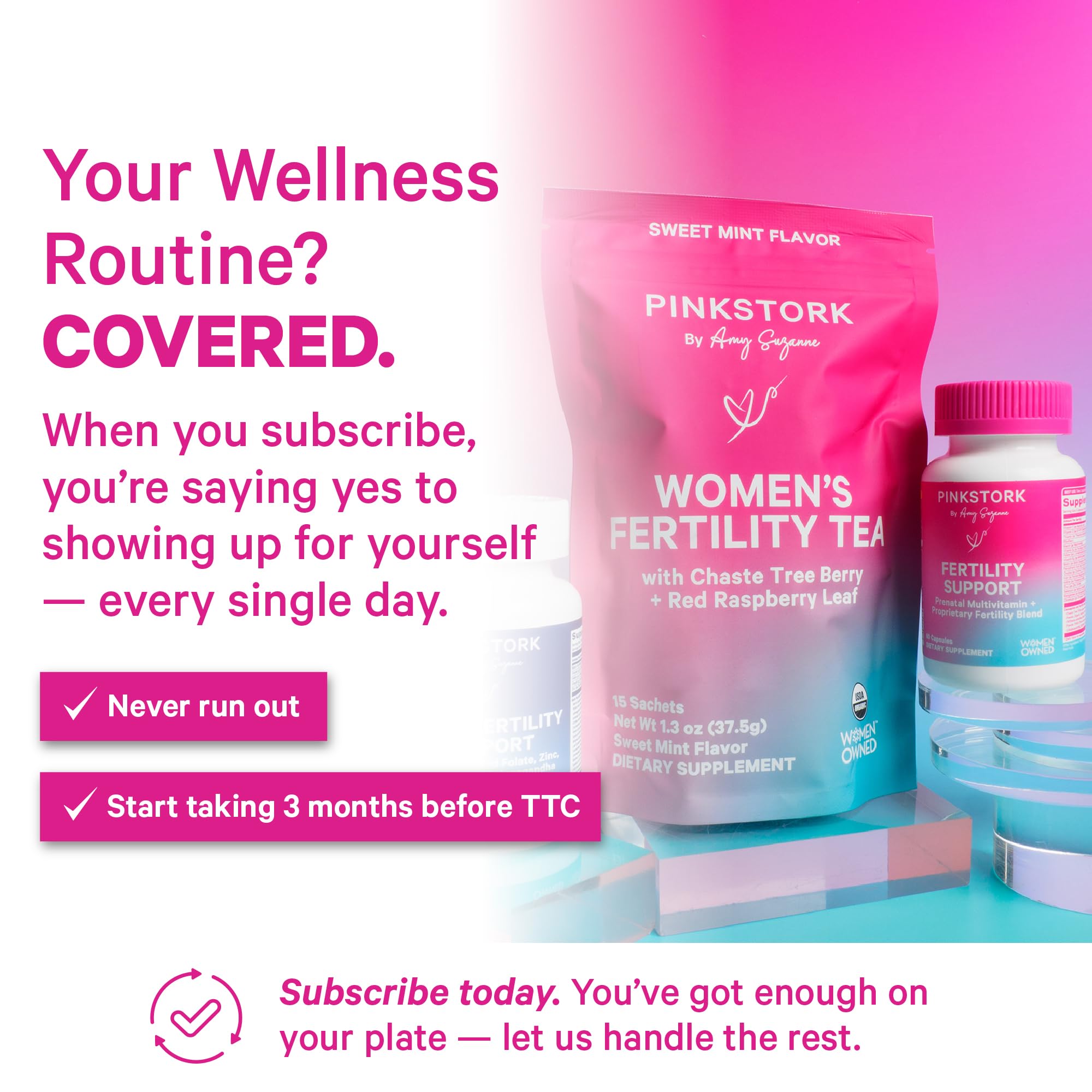 Pink Stork prenatal vitamins to get pregnant and women's fertility tea with sweet mint flavor on display.