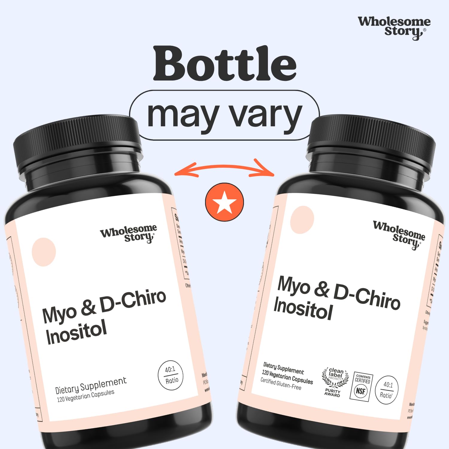Wholesome Story inositol bottle packaging may vary between two label designs