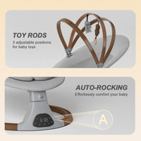 Baby swing for infants features adjustable toy rods and auto-rocking for added comfort.