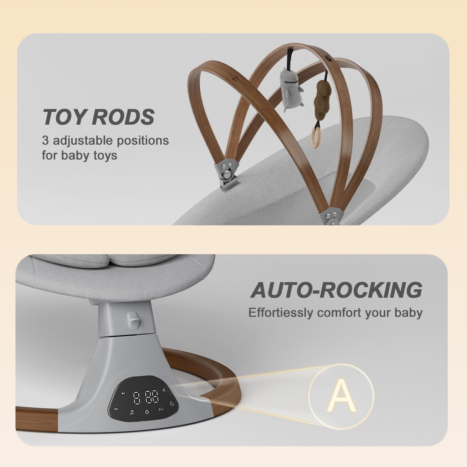Baby swing for infants features adjustable toy rods and auto-rocking for added comfort.