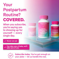 Pink Stork postpartum routine showing Total Postnatal alongside the lactation probiotic and magnesium glycinate bottles