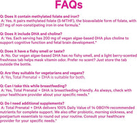 Pink Stork Total Prenatal + DHA FAQ graphic covering methylated folate, iron, DHA and breastfeeding