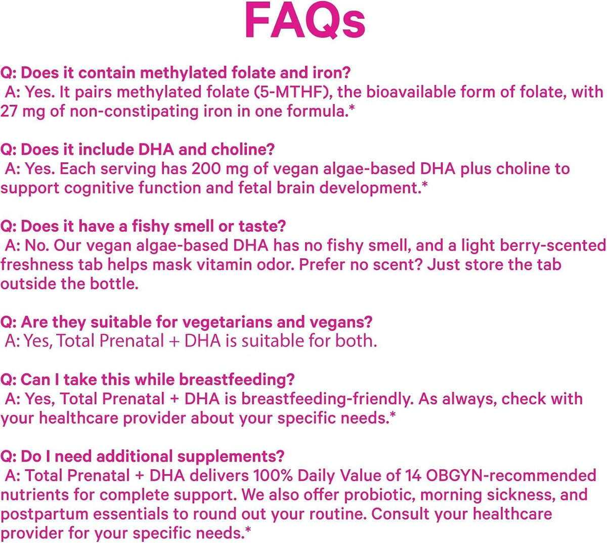 Pink Stork Total Prenatal + DHA FAQ graphic covering methylated folate, iron, DHA and breastfeeding