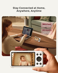 Momcozy baby monitor with camera displaying baby, showcasing connectivity features like 960 feet range and 20-hour battery life.