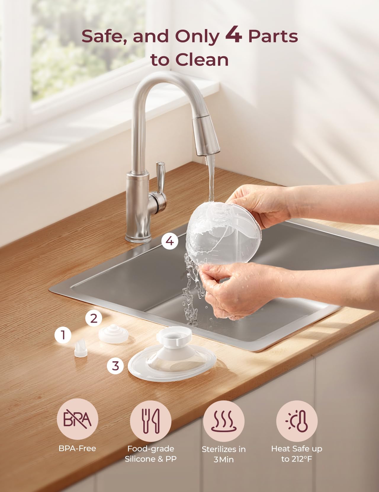 Hands free wearable breast pump parts being cleaned in sink; easy to wash with only 4 components for quick sterilization.