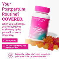 Postnatal vitamins for breastfeeding - Pink Stork Total Postnatal Gummies on a colorful background with text promoting subscription.