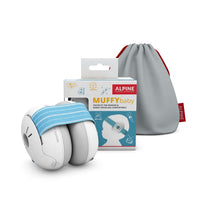 Alpine Muffy Baby earmuffs in white with a blue striped headband, shown beside the retail box and the grey drawstring travel pouch