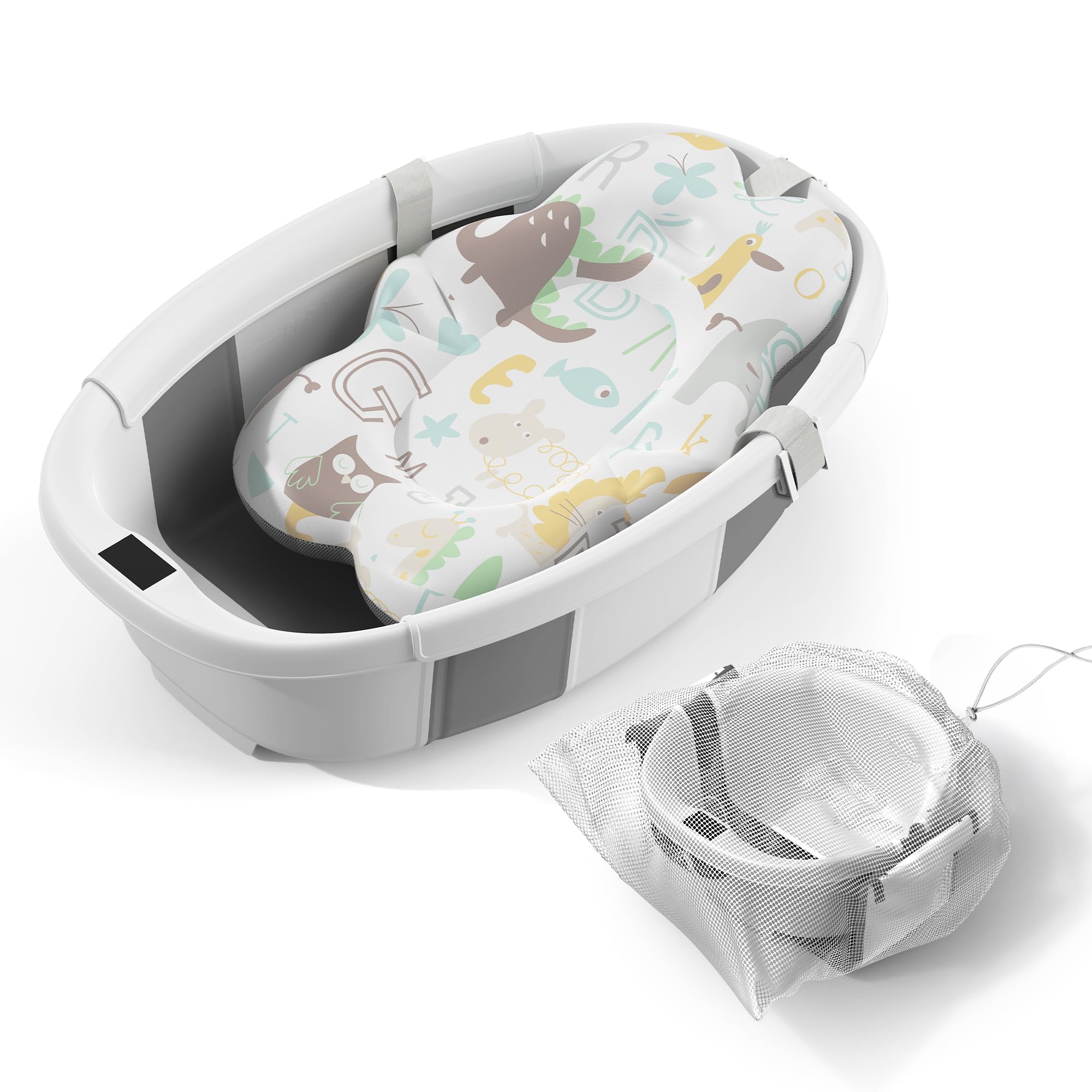 Collapsible baby bathtub with soft patterned insert and mesh storage bag, designed for easy baby bath time.