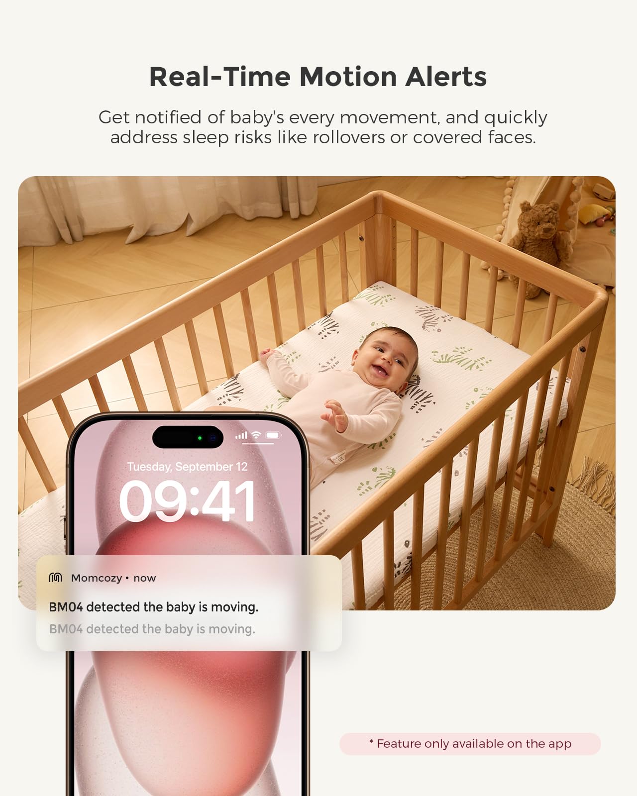 Baby monitor with camera displaying real-time motion alerts for baby's movement in crib.
