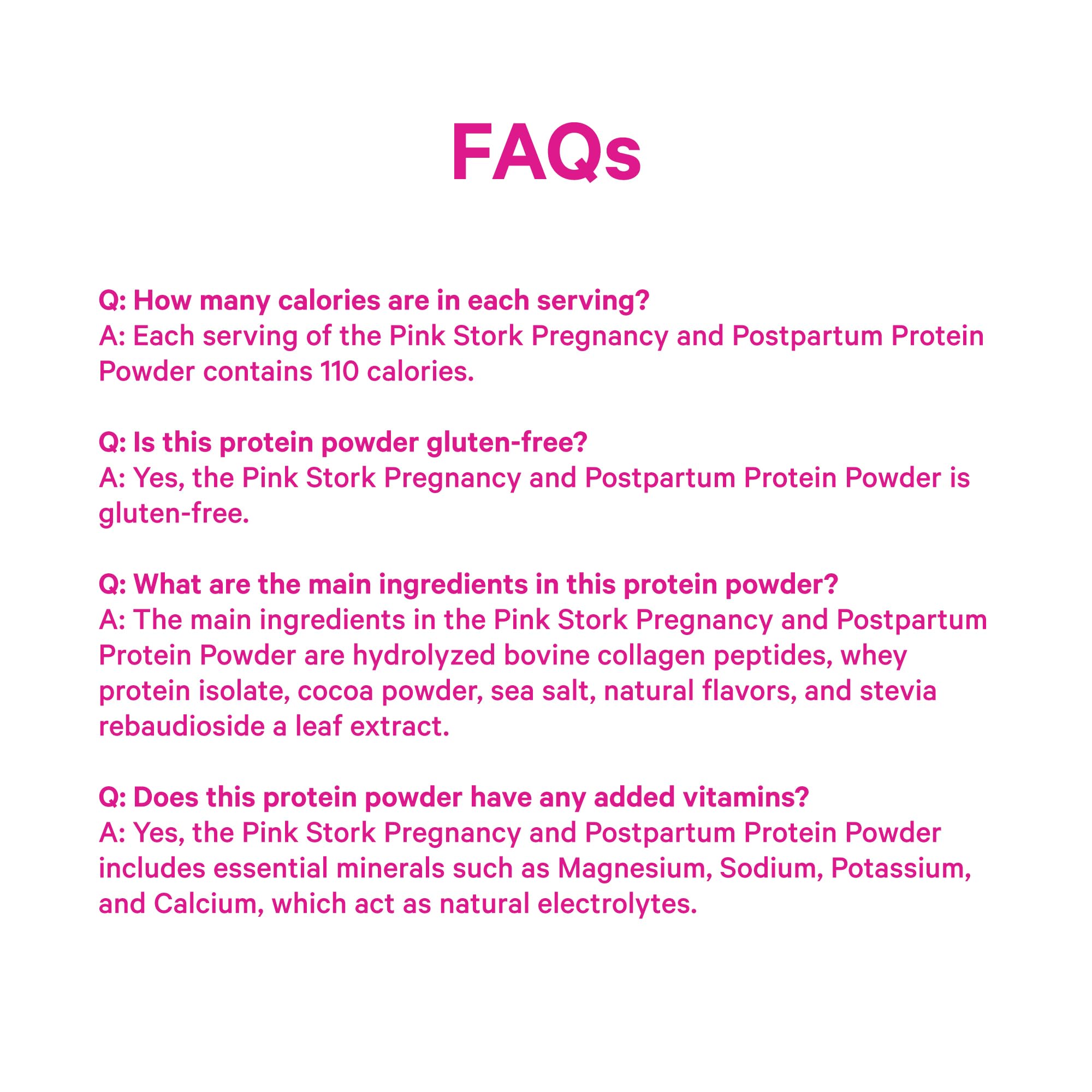 FAQs about Pink Stork Pregnancy Protein Powder, nutrition facts, gluten-free status, and vitamin content.