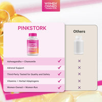 Cortisol support supplement for women by Pink Stork, highlighting key benefits and features.