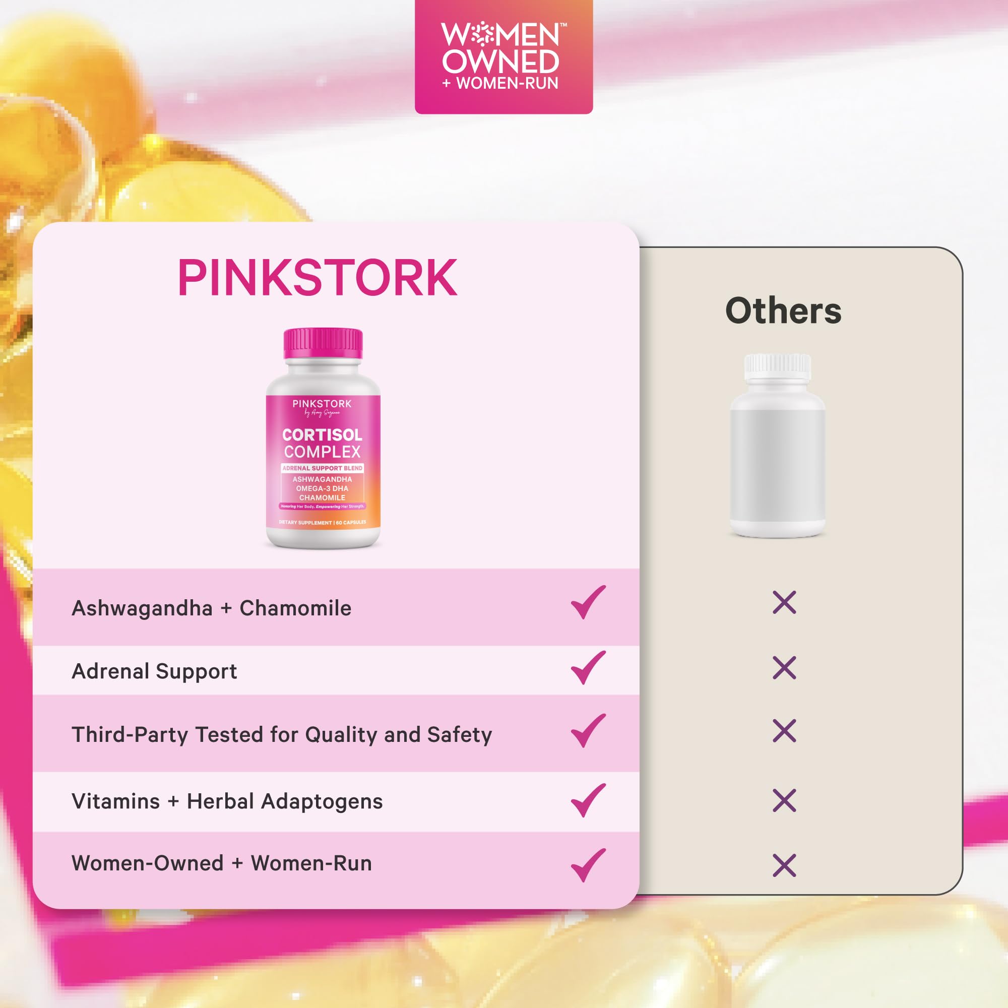 Cortisol support supplement for women by Pink Stork, highlighting key benefits and features.