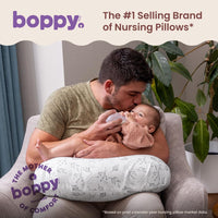 Father bottle-feeding his baby with the Boppy pillow, beside Boppy's footnoted claim to be the number one selling brand of nursing pillows.