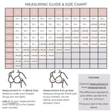 Measuring guide and size chart for hands-free pumping bra by Simple Wishes, including band and cup size instructions.