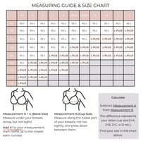 Measuring guide and size chart for hands-free pumping bra by Simple Wishes, including band and cup size instructions.