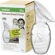 Haakaa Gen. 1 silicone breast pump, 4 oz, clear, in front of its box