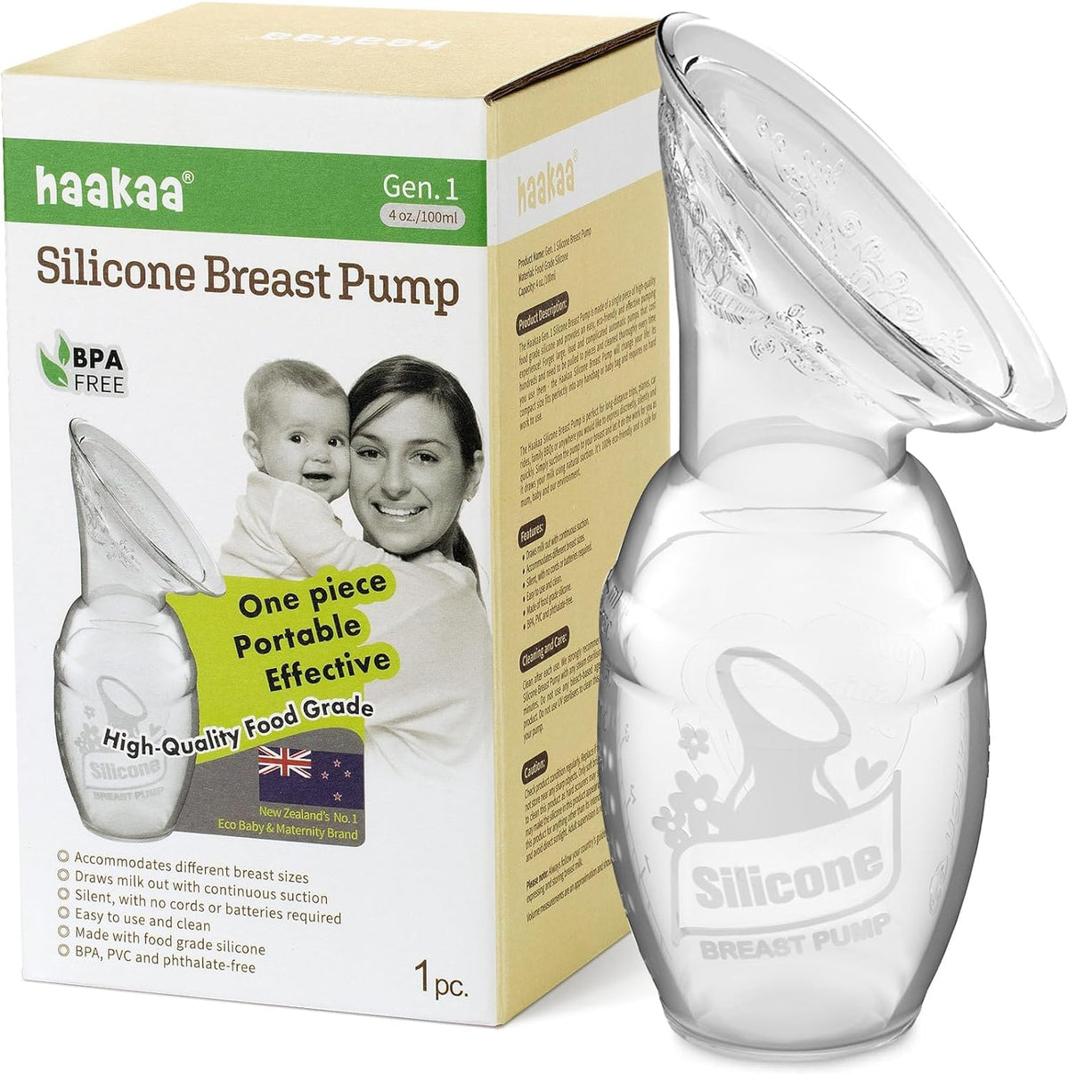 Haakaa Gen. 1 silicone breast pump, 4 oz, clear, in front of its box