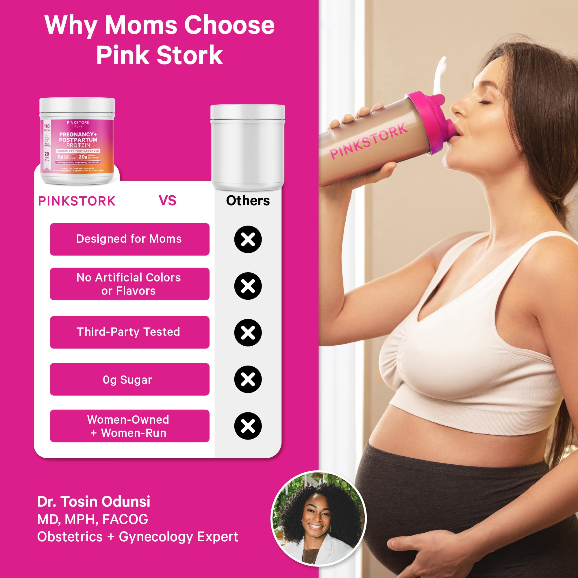 Comparison of Pink Stork Pregnancy Protein Powder benefits for moms, highlighting nutrition for pregnancy and postpartum.