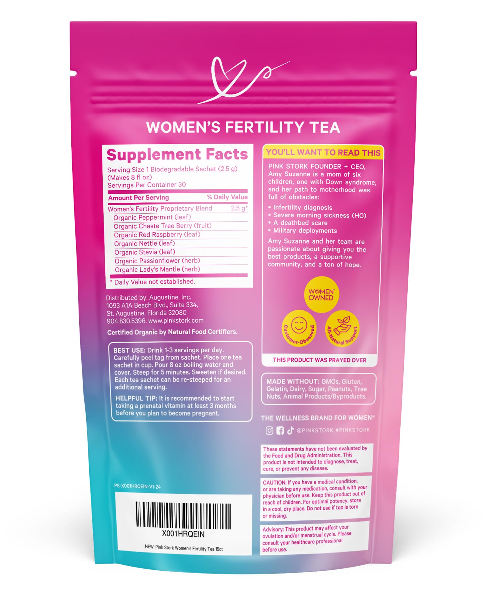 Pink Stork Organic Fertility Tea for Women supplement facts and usage instructions.