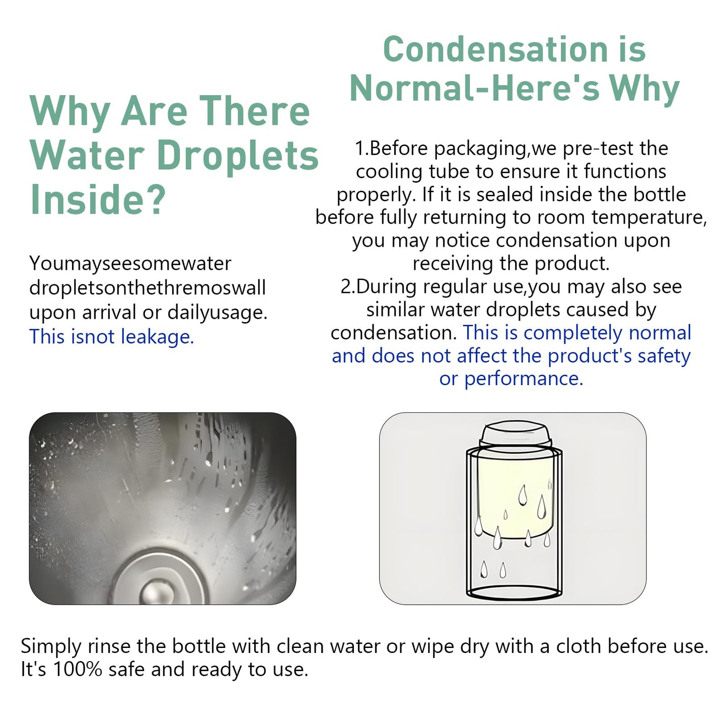 Breast milk cooler bottle showing instructions on handling condensation and ensuring product safety during use.