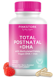 Pink Stork Total Postnatal + DHA bottle, 60 berry-scented capsules with methylated folate, vegan DHA and iron