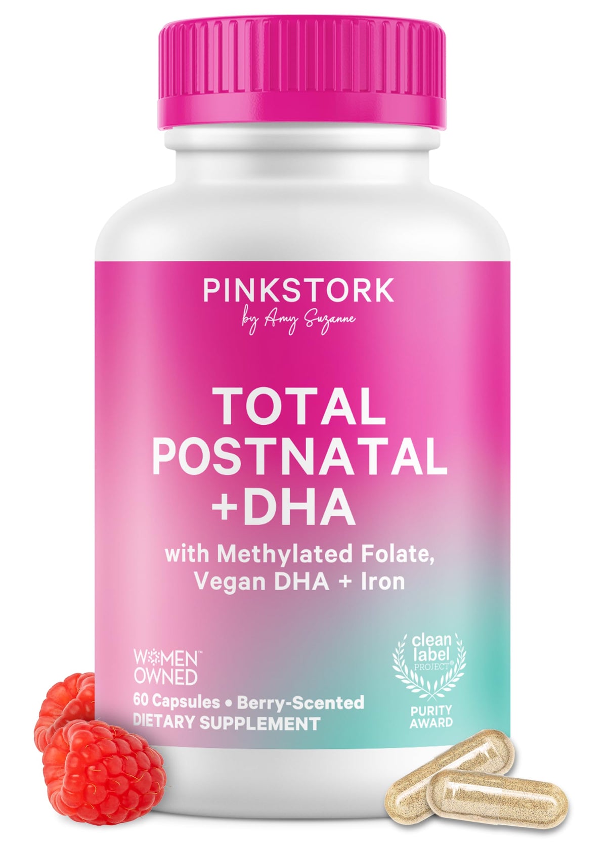 Pink Stork Total Postnatal + DHA bottle, 60 berry-scented capsules with methylated folate, vegan DHA and iron