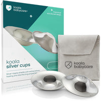 Koala Babycare silver nursing cups with box and grey storage pouch, two anatomically shaped silver cups