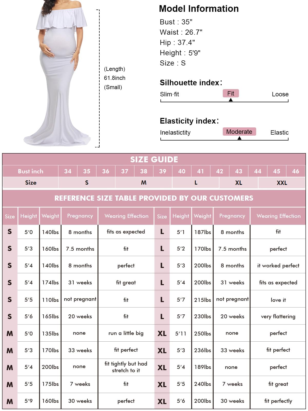 Maternity photoshoot dress size guide with model information for Glampunch Off-Shoulder Ruffle Gown.