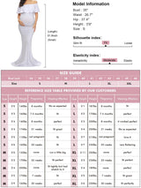 Maternity photoshoot dress size guide with model information for Glampunch Off-Shoulder Ruffle Gown.