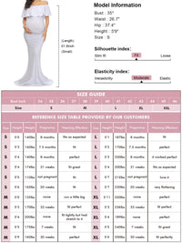 Maternity photoshoot dress size guide with model information for Glampunch Off-Shoulder Ruffle Gown.