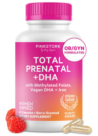 Pink Stork Total Prenatal + DHA bottle, prenatal vitamins with methylated folate, vegan DHA and iron, with capsules and raspberries