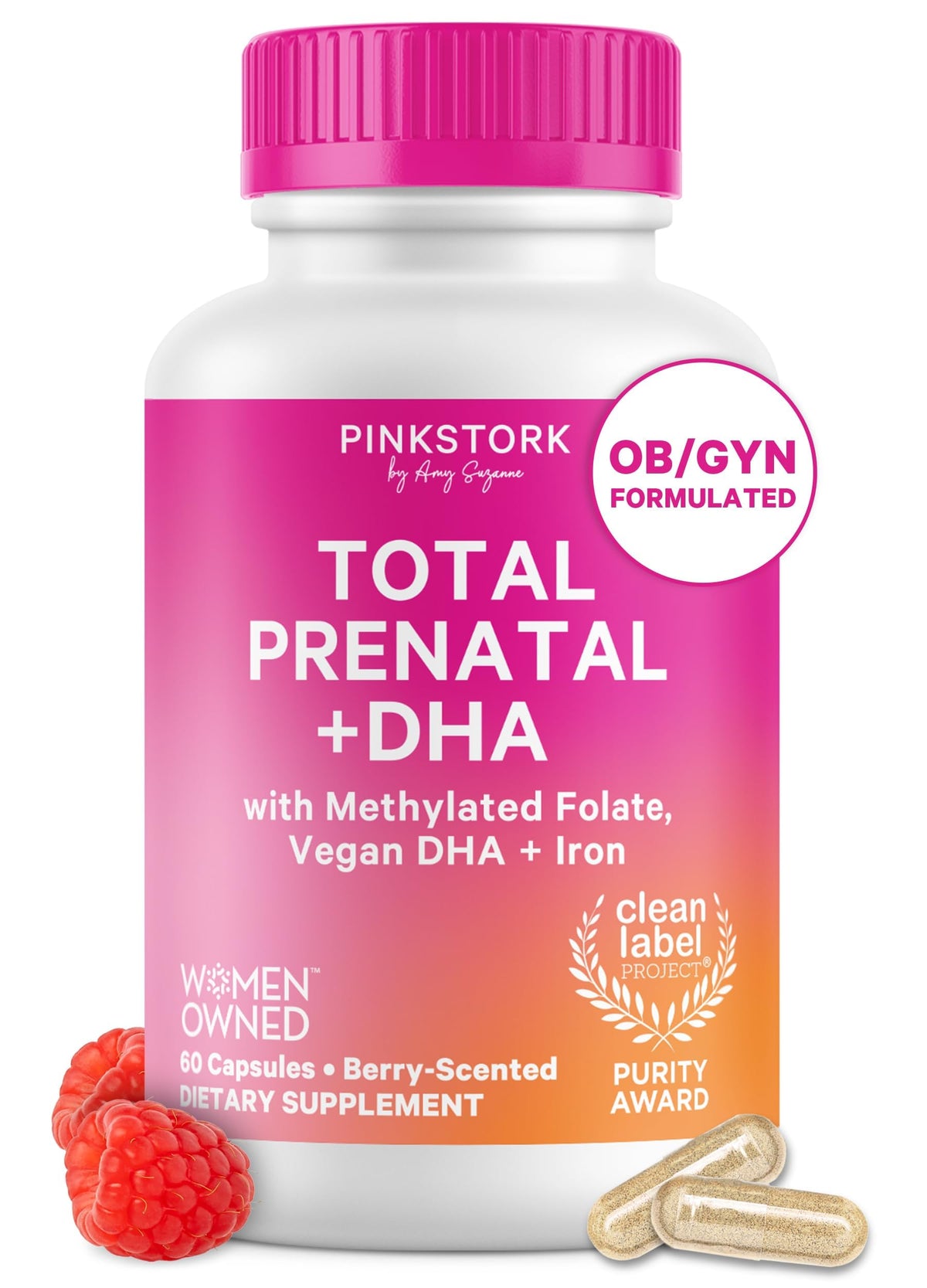 Pink Stork Total Prenatal + DHA bottle, prenatal vitamins with methylated folate, vegan DHA and iron, with capsules and raspberries