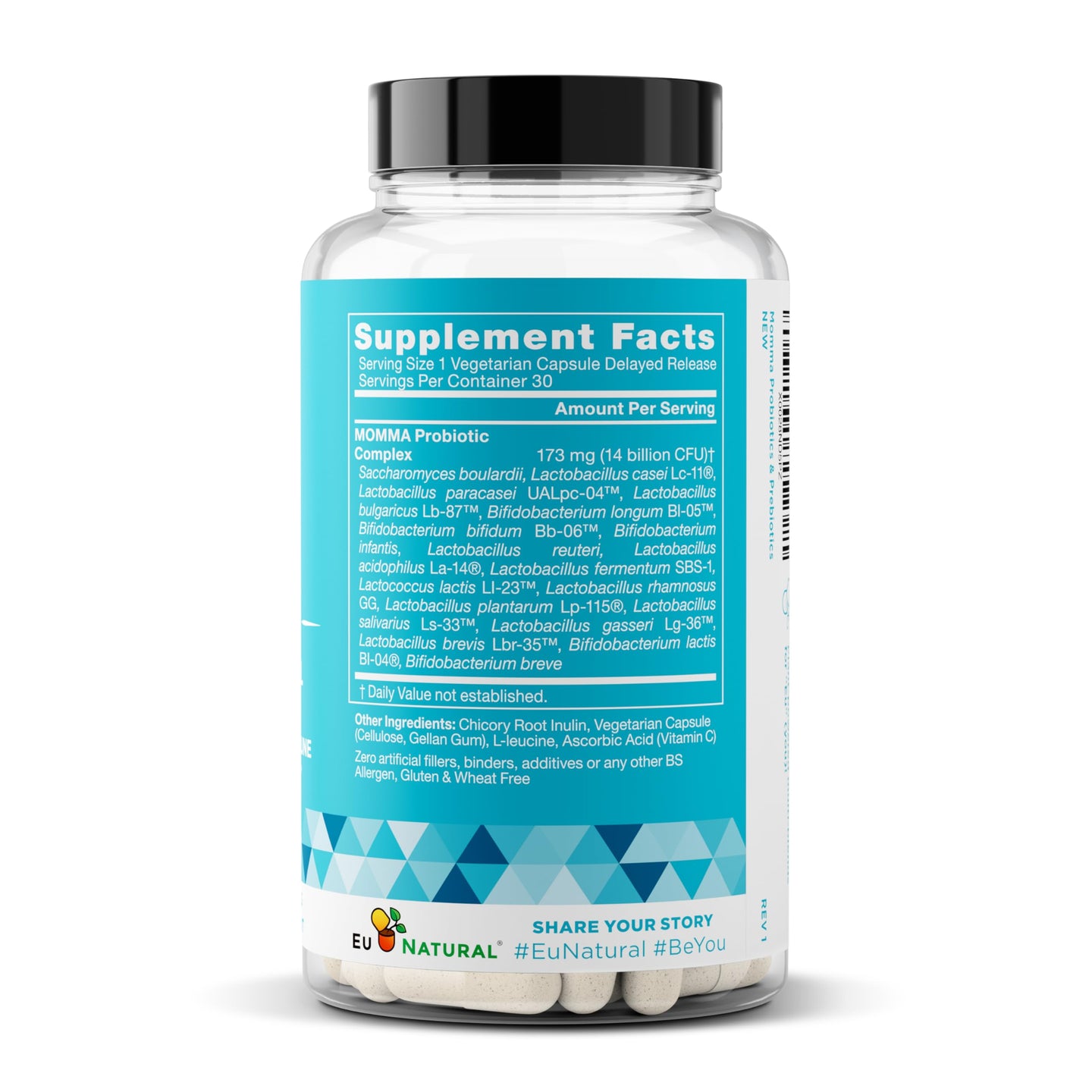 Prenatal probiotics for pregnancy supplement bottle showing facts and ingredients for gut health.