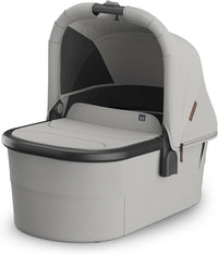UPPAbaby Bassinet V3 in Savannah pearl grey jacquard with the canopy extended, shown from the side