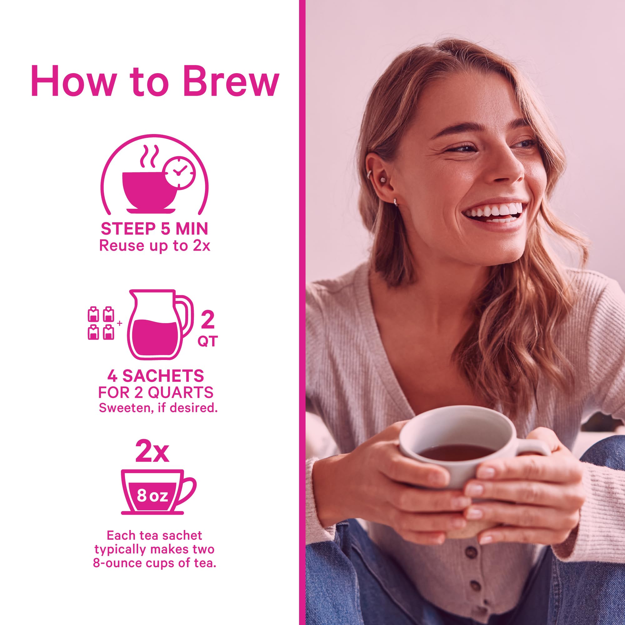 How to brew Pink Stork Organic Fertility Tea for women with steeping instructions and serving sizes.