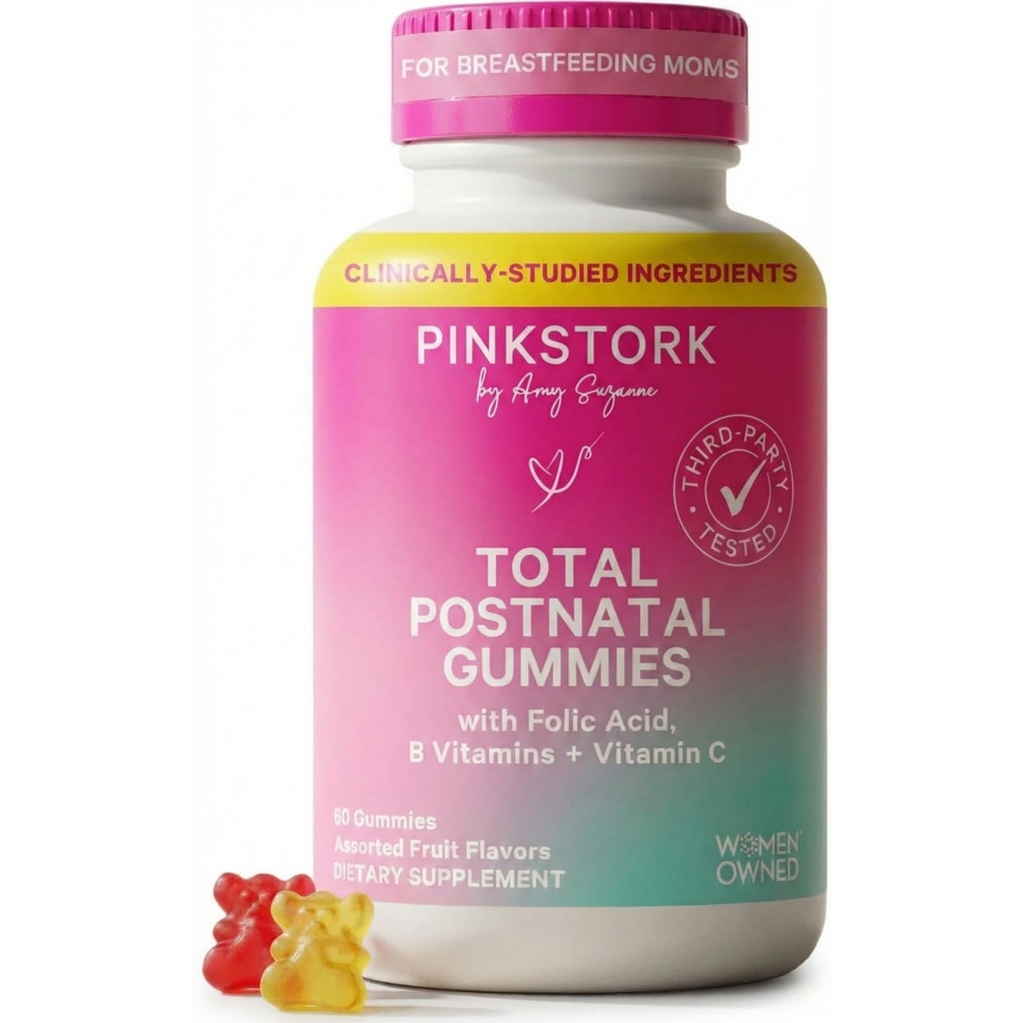 Postnatal vitamins for breastfeeding in Pink Stork total postnatal gummies bottle on a white background.